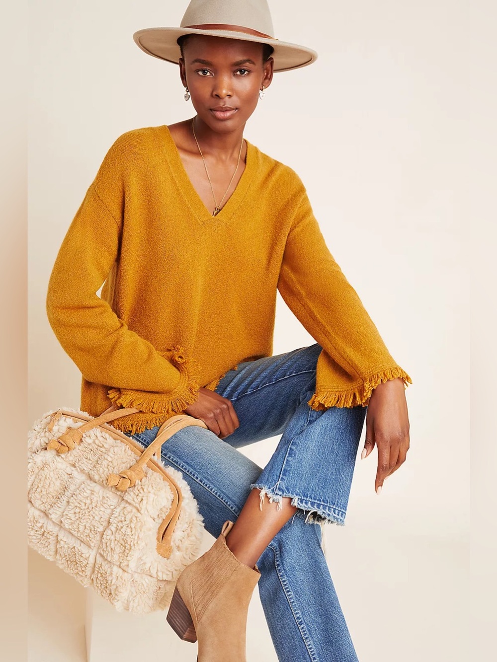 Anthropologie Joy Fringed V-Neck Sweater yellow Mustard with Fringed Cuffs Sz S